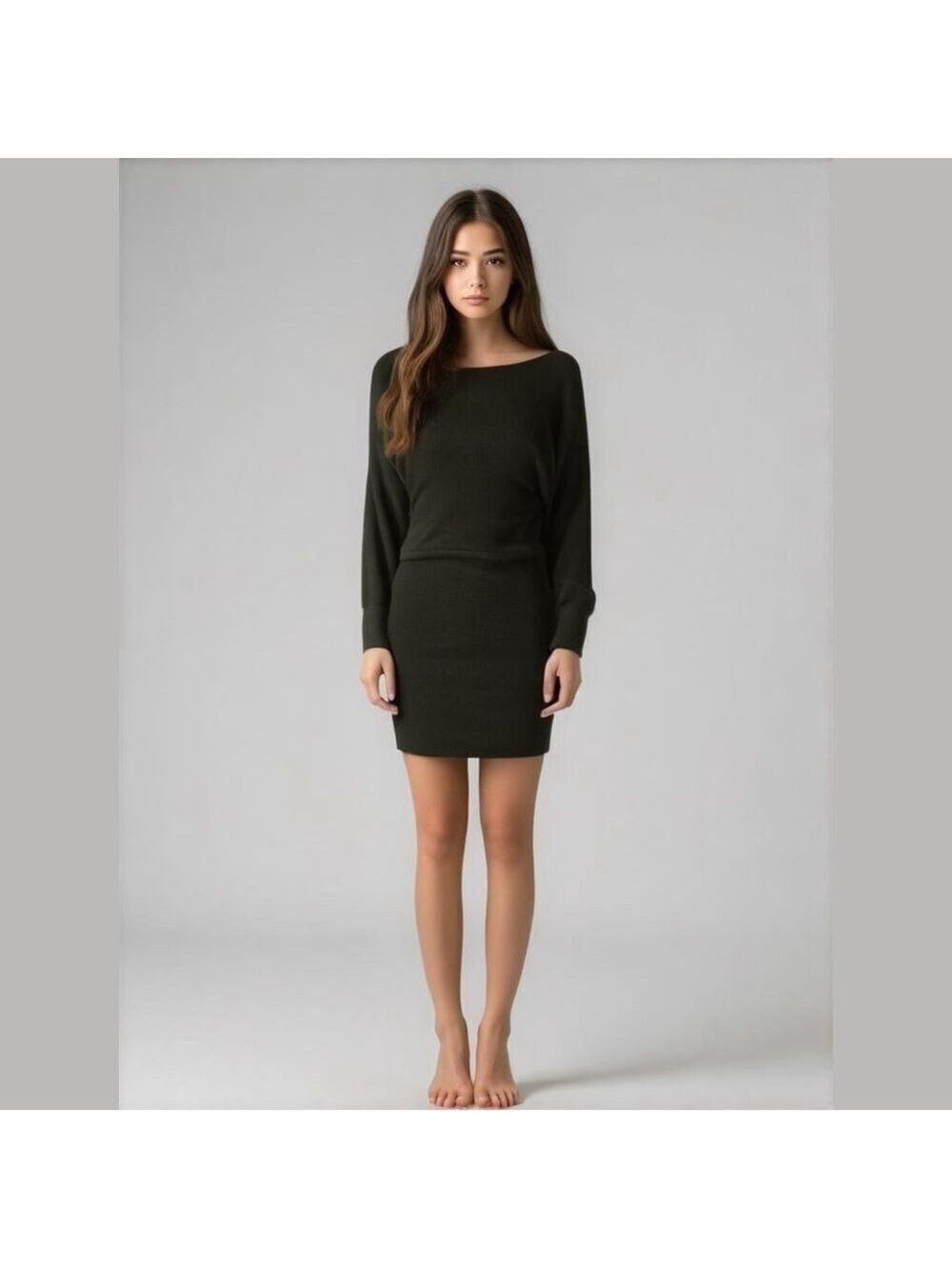 REVAMPED Bodycon Mini Dress Boatneck Dolman Sleeves Ribbed Blk Sz M